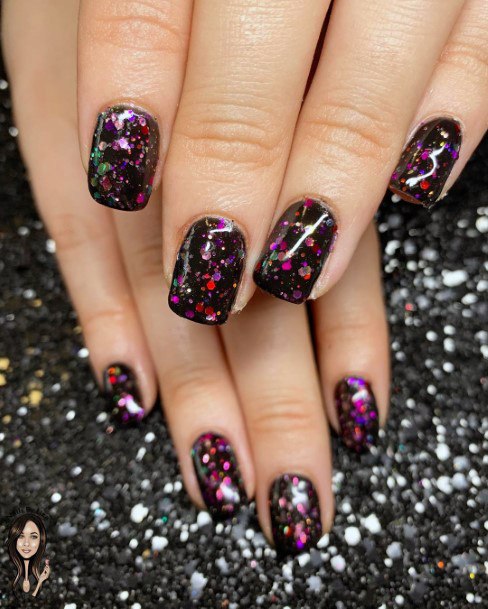 Stunning Glossy Black Short Nail Design Cute Colorful Glitter Ideas For Women