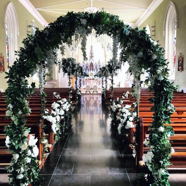 Stunning Greenery Arbor Lush White Floral Pew Wedding Aisle Inspiration Decoration Ideas