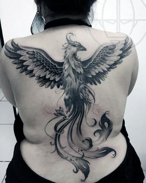 Stunning Grey Phoenix Tattoo Womens Back