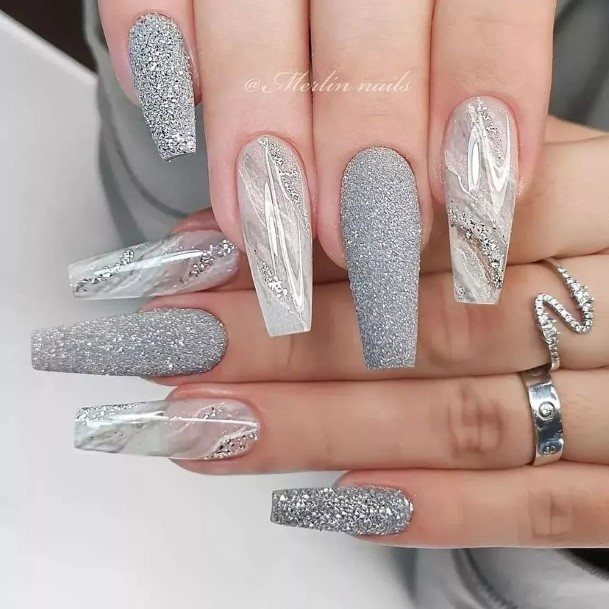 Stunning Grey With Glitter Nail On Lady