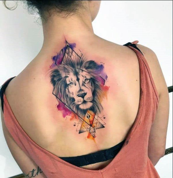 Stunning Lion Tattoo On Back For Women