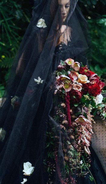 Stunning Long Gorgeous Black Veil Blood Red Blush Floral Halloween Wedding Inspiration For Brides