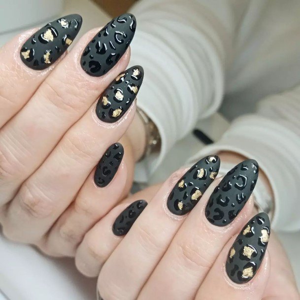 Stunning Matte Black And Gold Nail On Lady