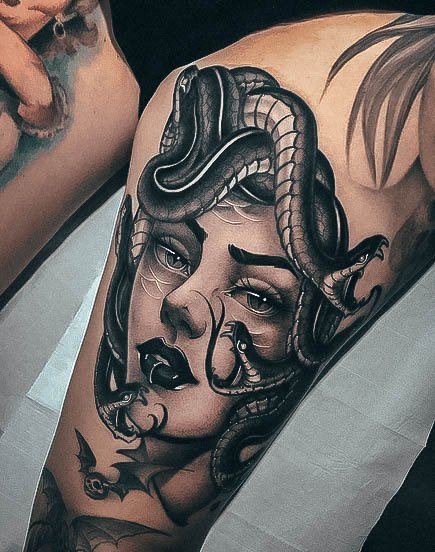 Stunning Medusa Tattoo On Lady Thigh