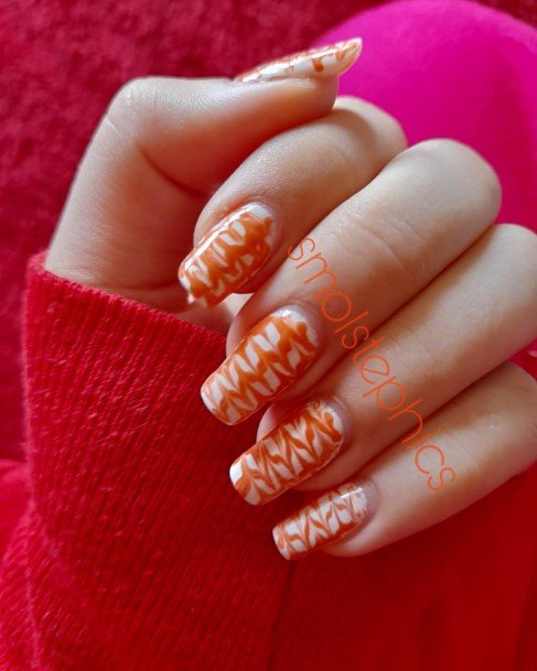 Stunning Orange And White Nail On Lady