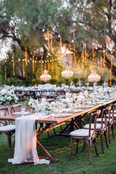 Stunning Outdoor Wedding Reception Lovely Greenery Hanging Lantern Bright White Inspiration