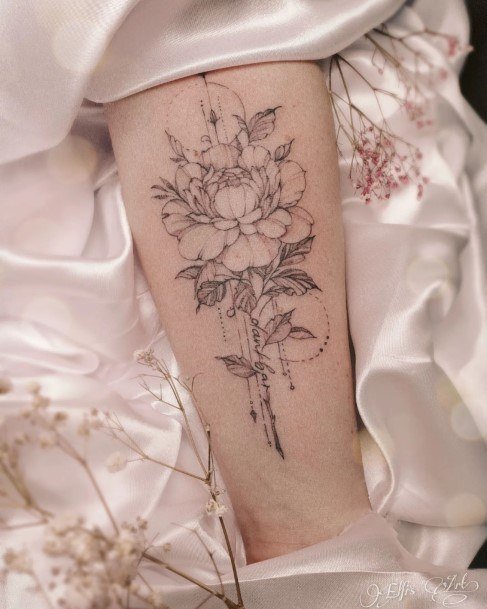 Stunning Peony Tattoo On Lady Leg