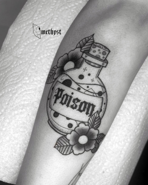 Stunning Poison Bottle Tattoo On Lady