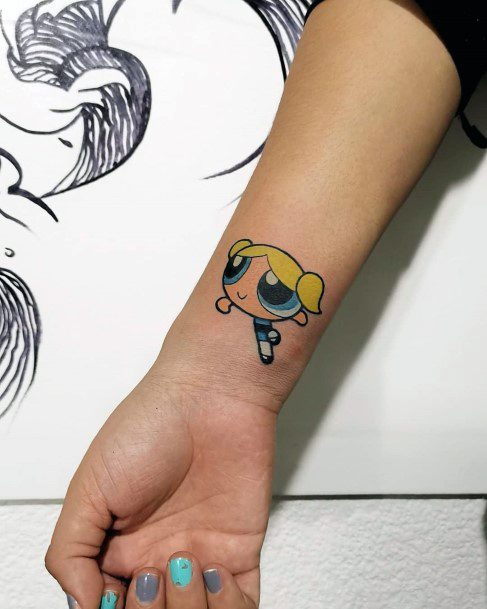 Stunning Powerpuff Girls Bubbles Tattoo On Lady