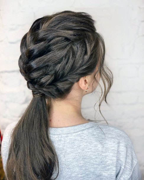 Stunning Pulled Back Brown Braid Shiny Ponytail Womens Hairstyles