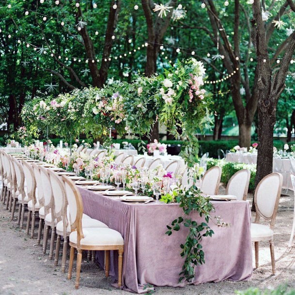 Stunning Purple Gorgeous Hanging Floral Outdoor Wedding Table Reception Inspiration