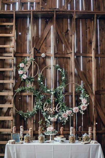 Stunning Rustic Barn Wedding Ideas Fattering Metal Hoop Floral Bouquet Desert Bar Inspiration