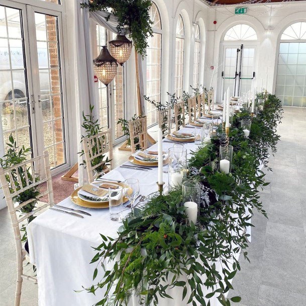 Stunning Sleek White Wedding Hanging Greenery Winter Reception Table Ideas