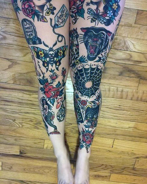 Stunning Traditional Tattoo Womens Legs