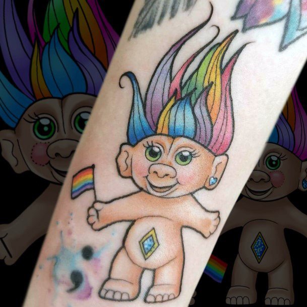 Stunning Troll Doll Tattoo On Lady