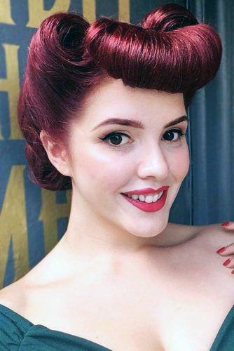 Stunning Vintage Pinned Up Curl Bright Reddish Burgundy Womens Hairstyle