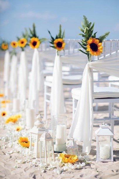 Stunning White Beachy October Wedding Sunflower Pew Wedding Ideas