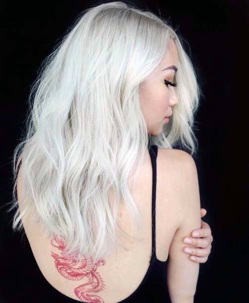 Stunning White Platinum Blonde Layered Wavy Womens Hairstyle Idea