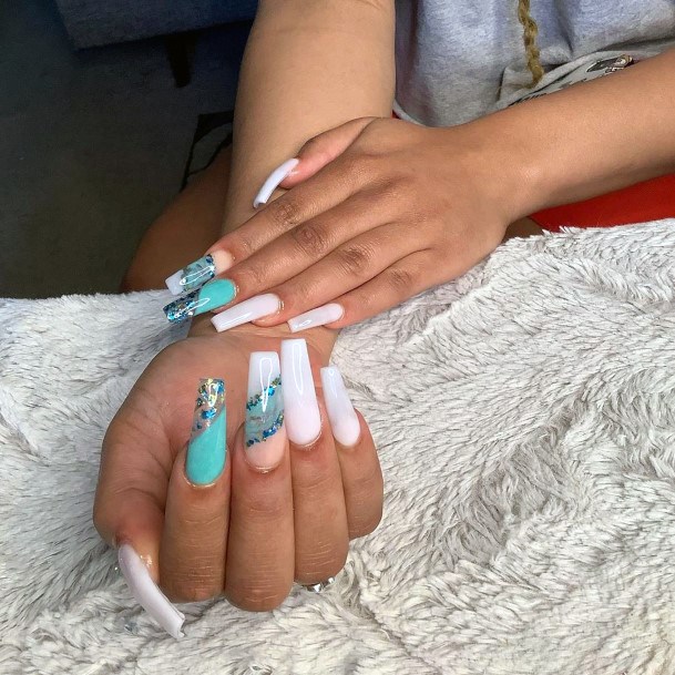 Stunning White Turquoise Sparkly Prom Nail Inspiration Ideas For Girls