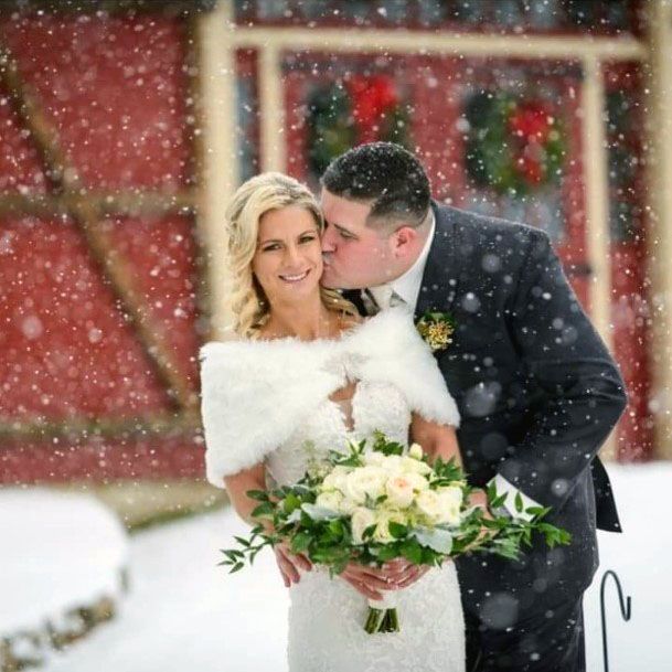 Stunning Winter Wedding Photos Snowing Red Barn