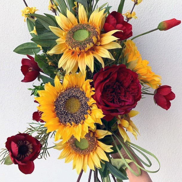 Stunning Yellow Sunflower Red Floral Wedding Bouquet For Bride