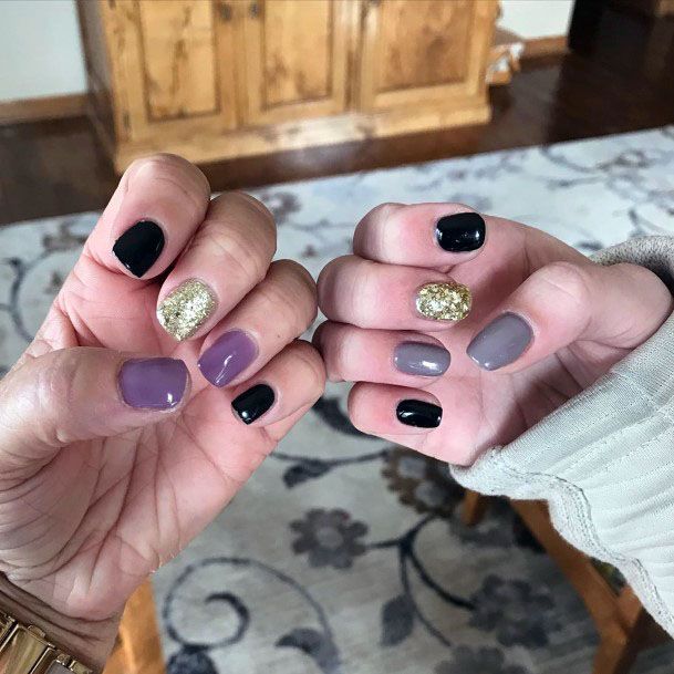 Stylish Admirable Sparkly Gold Black Purple And Grey Nail Inspiration For Ladies