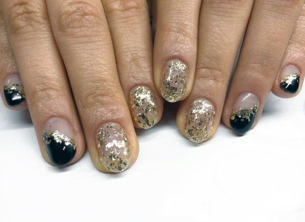 Stylish Adorable Clear Black Tip Sparkly Gold Gel Nail Inspiration For Women