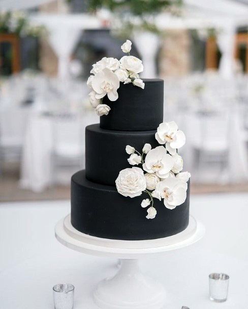 Stylish Black Cake With White Flowers Wedding 3 Tier Cake Women