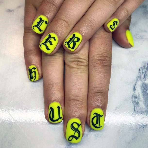 Stylish Fonts On Bright Yellow Nails For Women