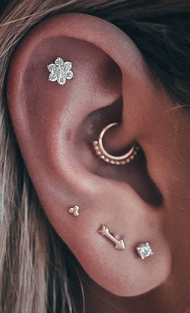 Stylish Trendy Triple Lobe Silver Floral Faux Rook And Cute Ear Piercinginspiration For Women