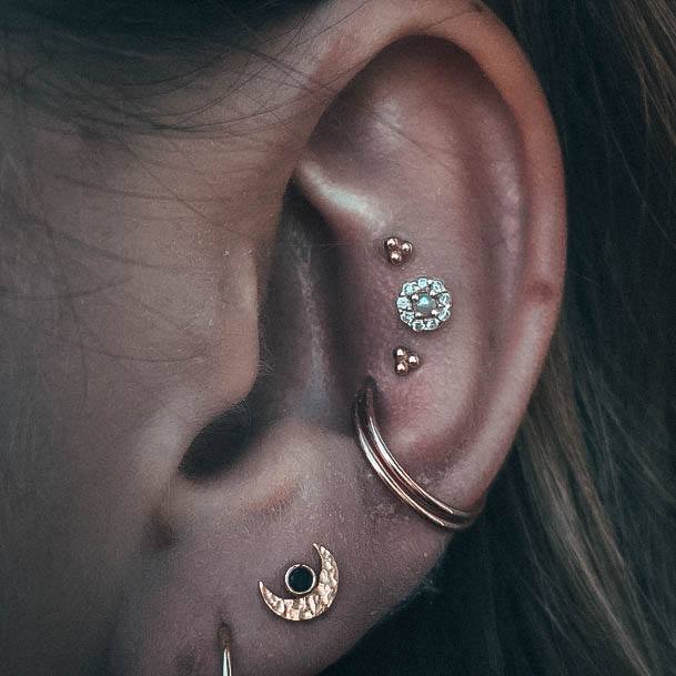 Stylish Triple Rook Double Conch And Beautiful Gold Moon With Blue Diamonds Lobe Ear Piercing Ideas For Women