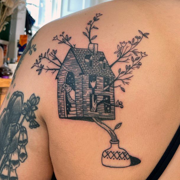 Stylish Womens Birdhouse Tattoo