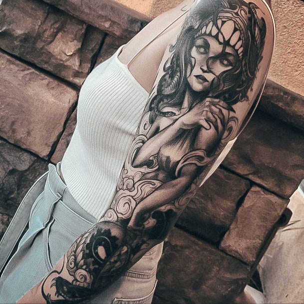 Stylish Womens Medusa Tattoo Full Arm Sleeve