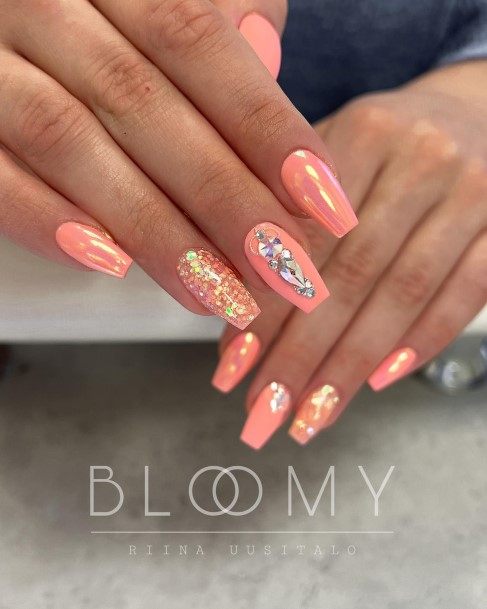 Stylish Womens Peach With Glitter Nail