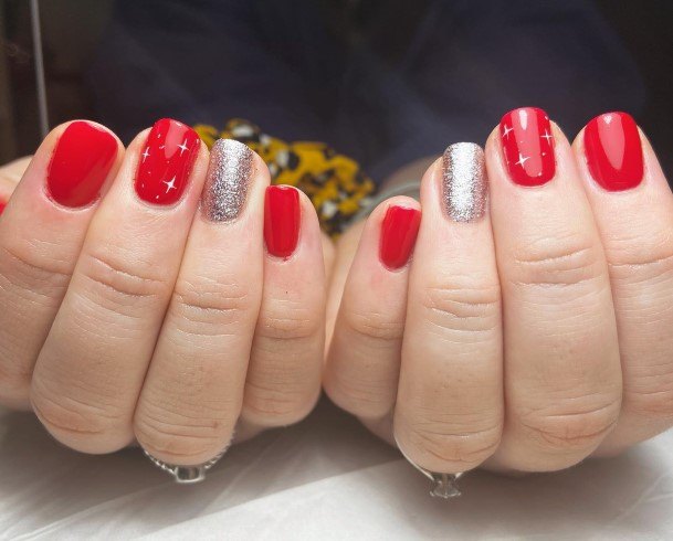 Stylish Womens Red And Silver Nail