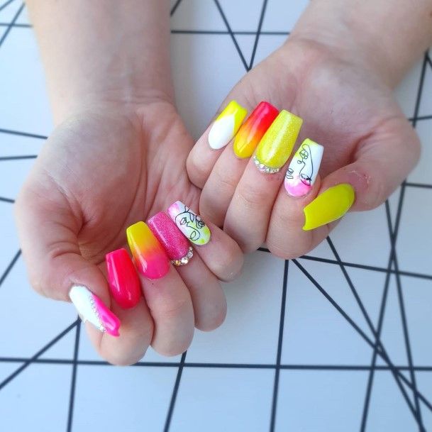 Stylish Womens Yellow And Pink Nail