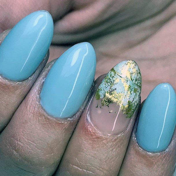 Summer Blue Nails With Golden Foil Tip Women