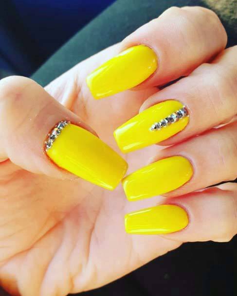 Summer Bright Yellow Nails With Stones For Women