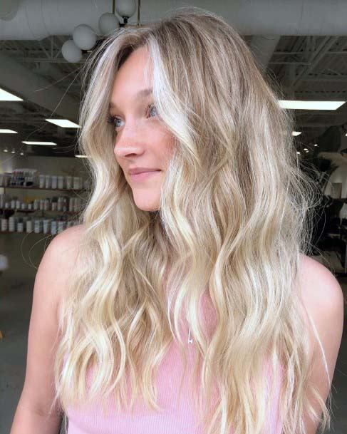 Summer Look Center Part With Wavy Light Blonde On Girl