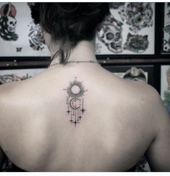 Sun And Crescent Tattoo Womens Back