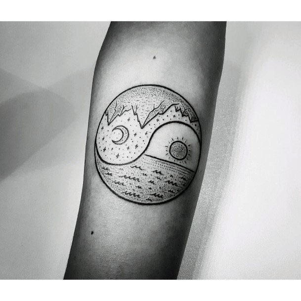 Sun And Moon Grey Wave Circular Women Tattoo