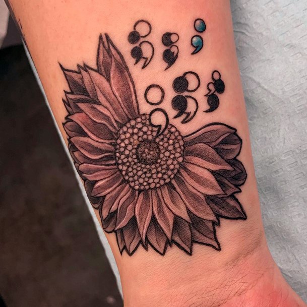 Sun Flower And Semi Colon Tattoo Womens Arms