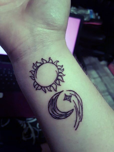 Sun Moon And Star Semicolon Tattoo Womens Forearms