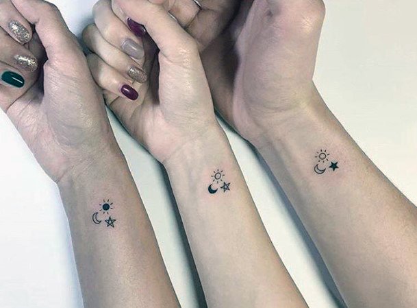 Sun Moon And Star Triple Power Sister Tattoo Wrist