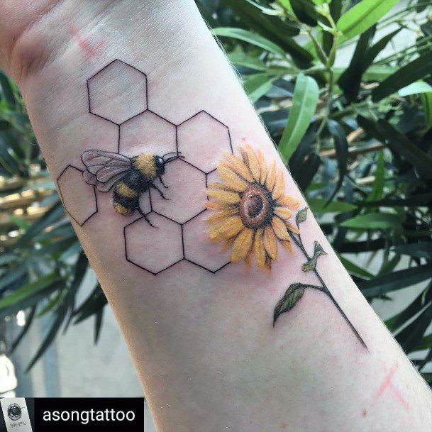 Sunflower And Bee Tattoo For Women