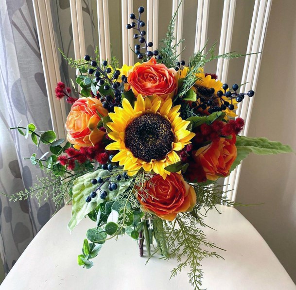 Sunflower And Orange Roses Bright Bouquet Inspiration Fall Wedding Ideas