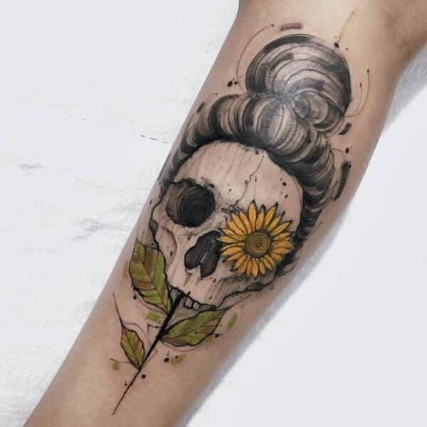 Sunflower And Skull Tattoo Womens Forearms