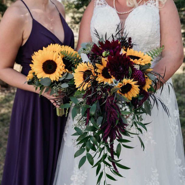 Sunflowers And Dark Maroon September Wedding Flowers