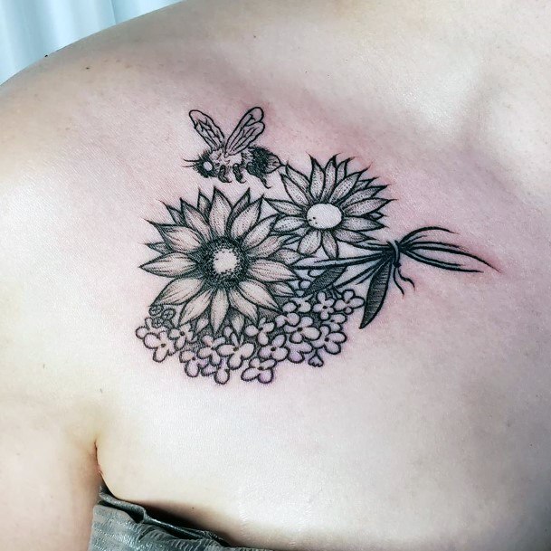 Sunflowers And Grey Bee Tattoo For Women On Chest