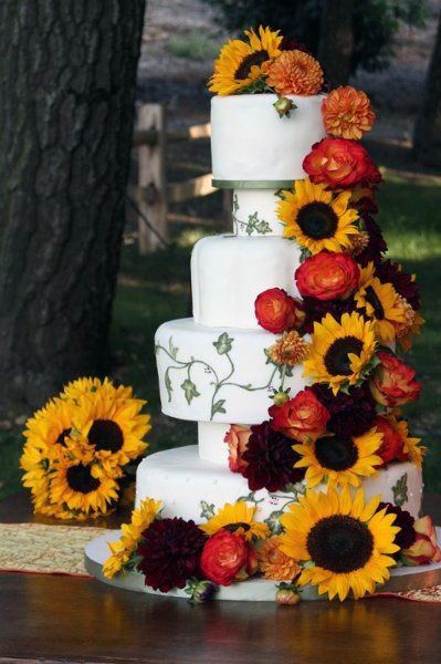 Sunflowers And Red Flowers Womens Wedding Cake